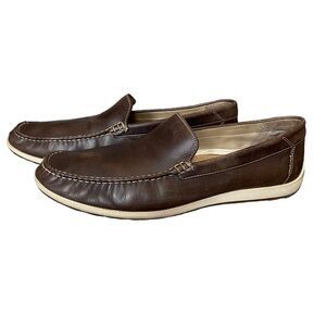 Ecco Driving Moc Mens 10 44 Brown Leather Loafer Slip On Preppy Rubber Sole